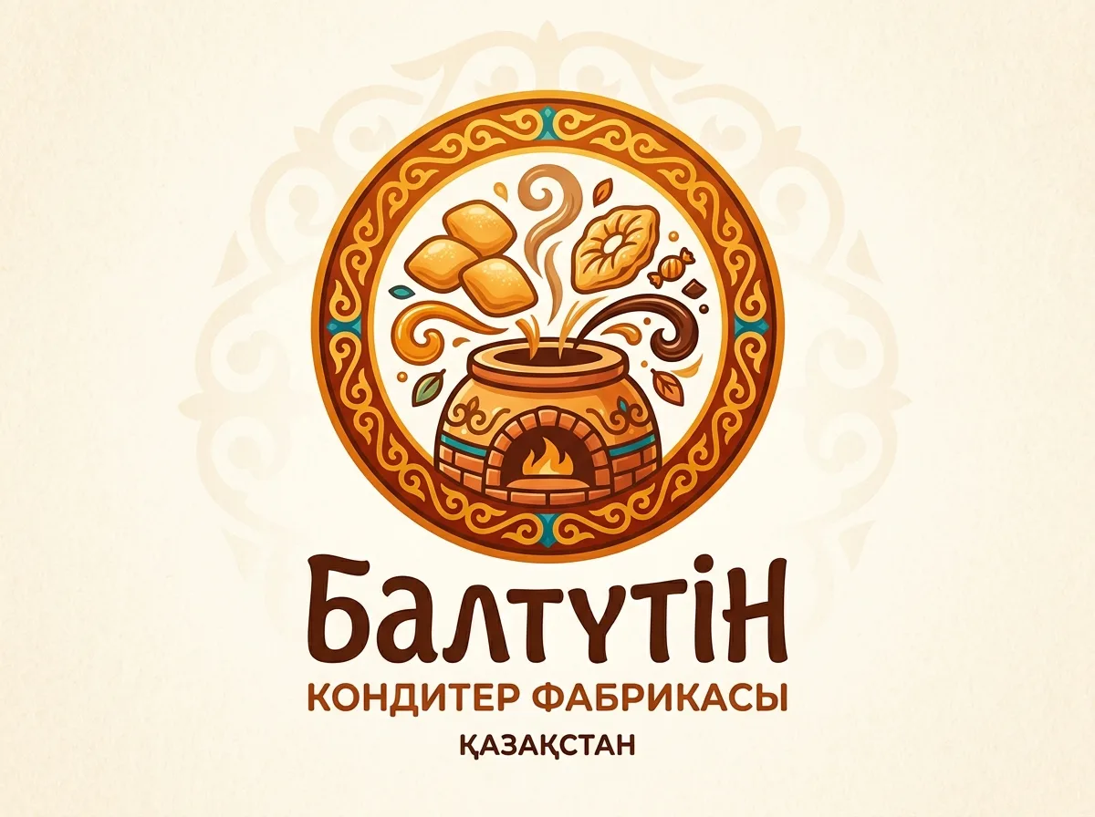 Логотип кондитерской фабрики Казахстана, пищевое производство, тёплые цвета